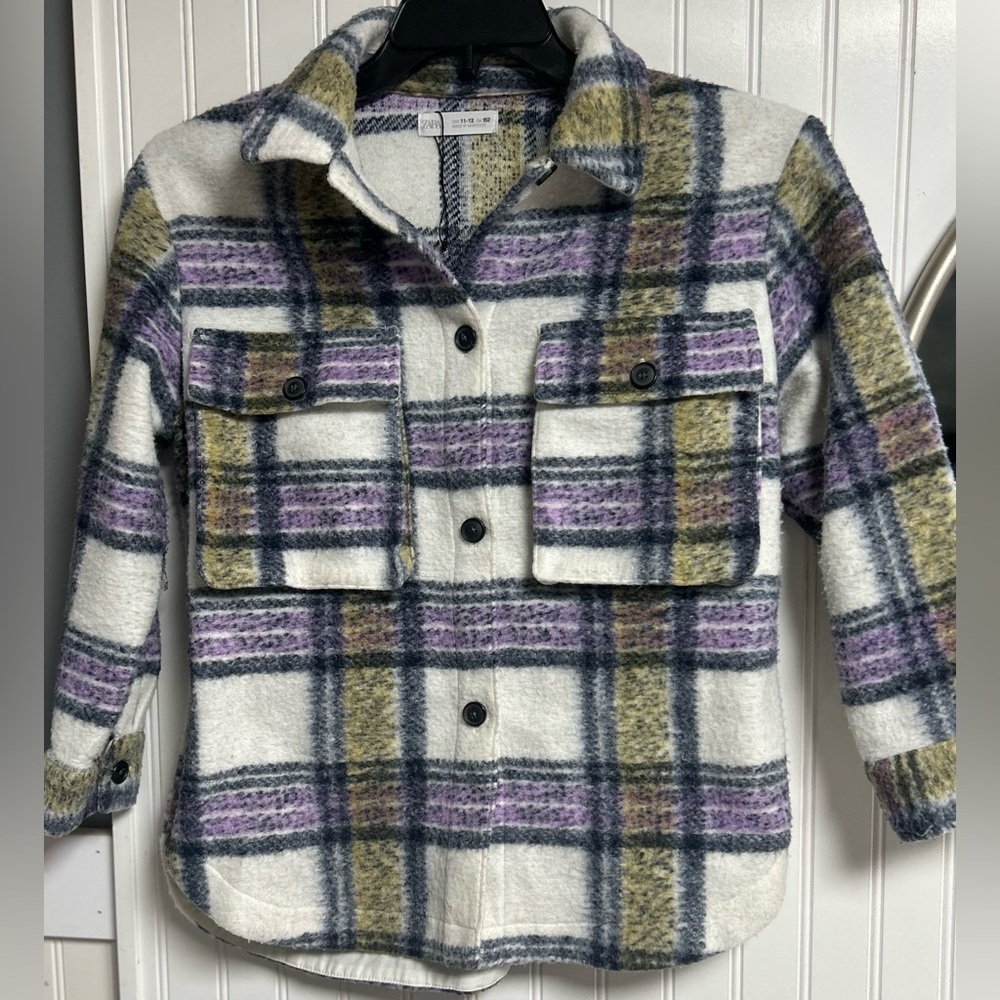 NWT Zara Purple Plaid Check Wool Blend Shirt Shacket Jacket Girl’s Sz 11-12